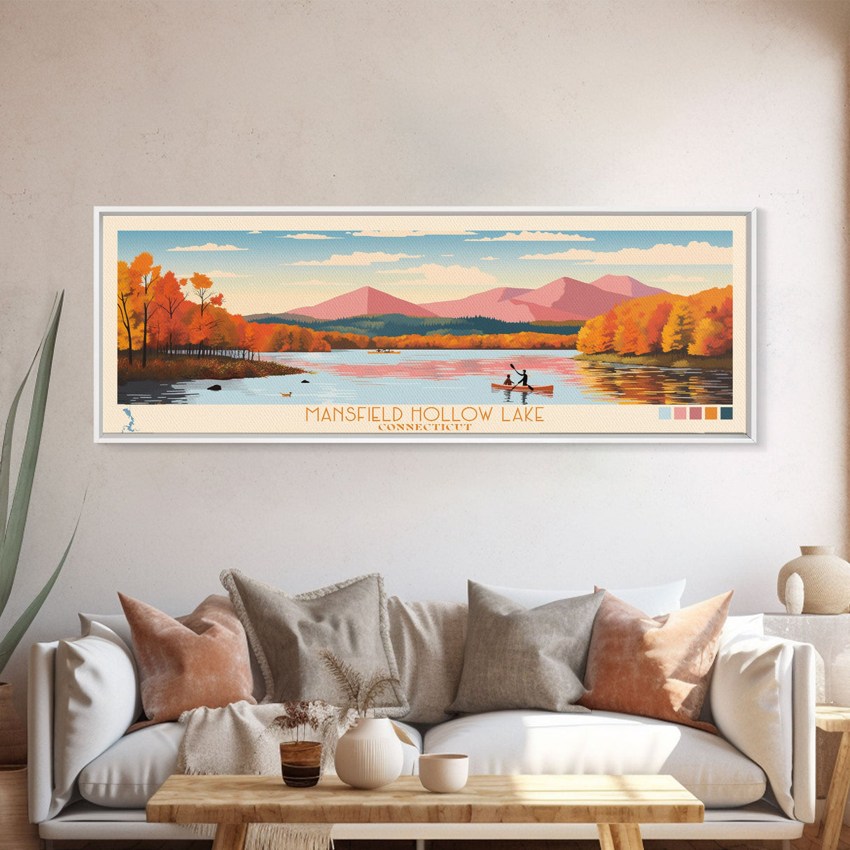 Mansfield Hollow Lake, Connecticut Panoramic Wall Art Framed Canvas Print, Midcentury Modern, Pop Art, Home Decor, Travel Poster, Living Room Art