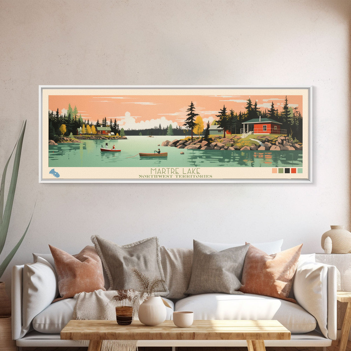 Martre Lake, Northwest Territories Panoramic Wall Art Framed Canvas Print, Midcentury Modern, Pop Art, Home Decor, Travel Poster, Living Room Art