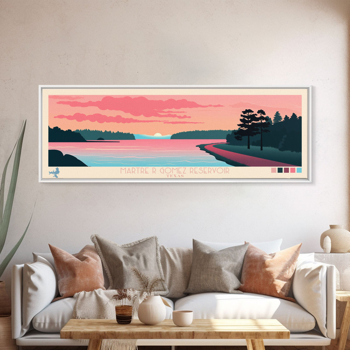 Martre R Gomez Reservoir, Texas Panoramic Wall Art Framed Canvas Print, Midcentury Modern, Pop Art, Home Decor, Travel Poster, Bedroom Art