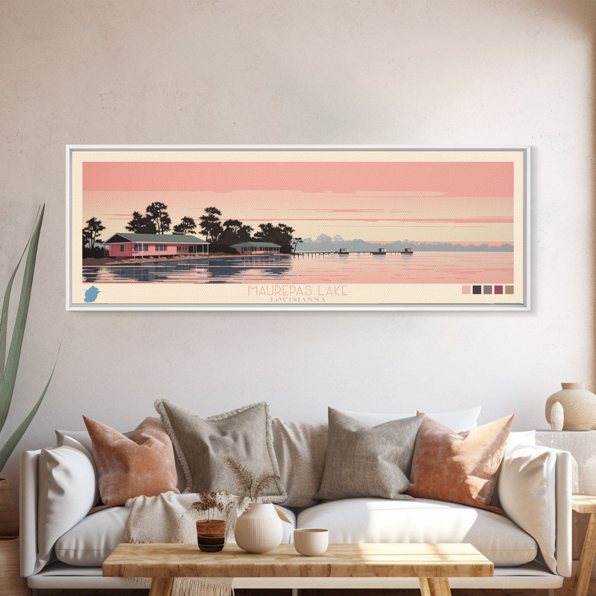 Maurepas Lake, Louisiana Panoramic Wall Art Framed Canvas Print, Midcentury Modern, Pop Art, Home Decor, Travel Poster, Bedroom Art