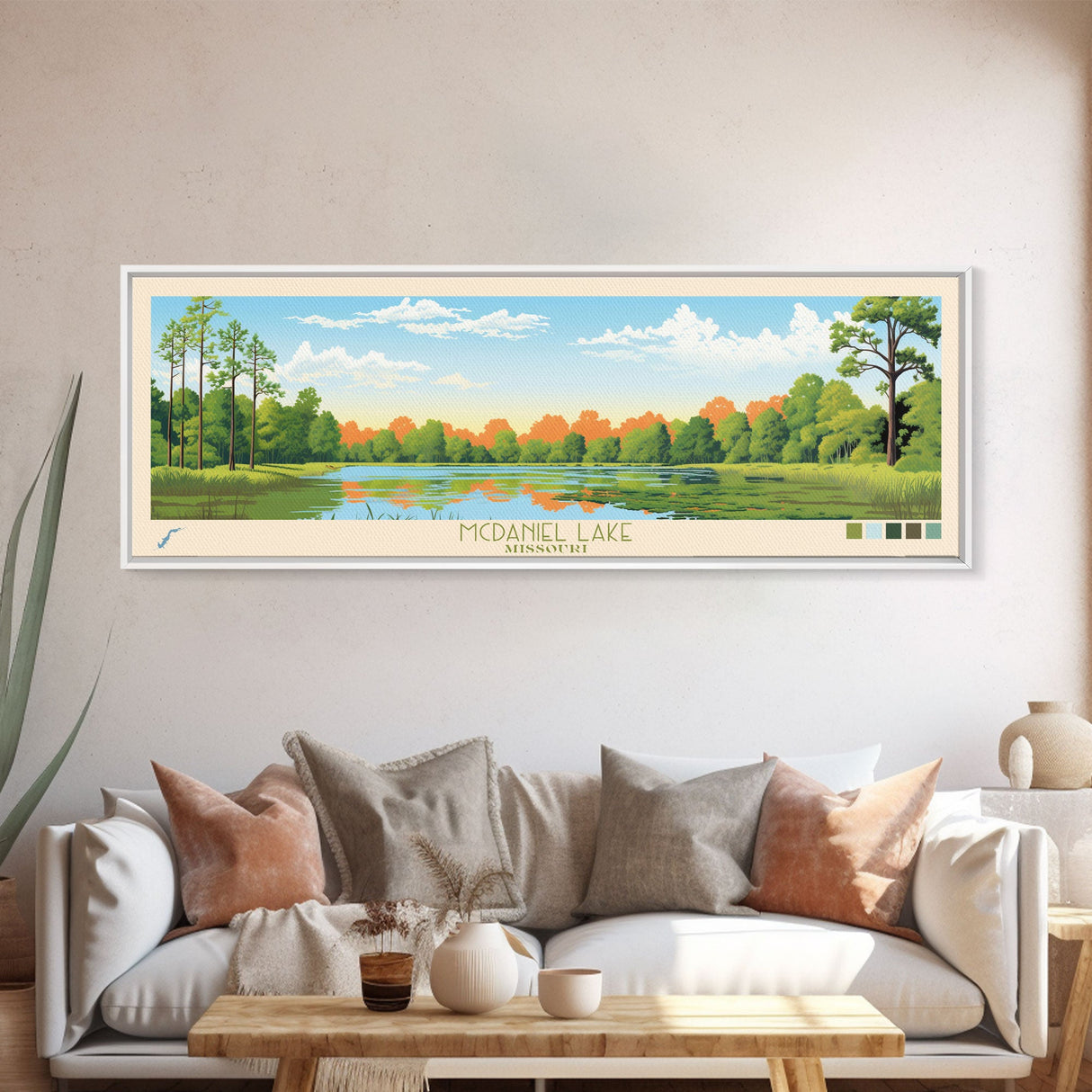 McDaniel Lake, Missouri Panoramic Wall Art Framed Canvas Print, Midcentury Modern, Pop Art, Home Decor, Travel Poster, Living Room Art