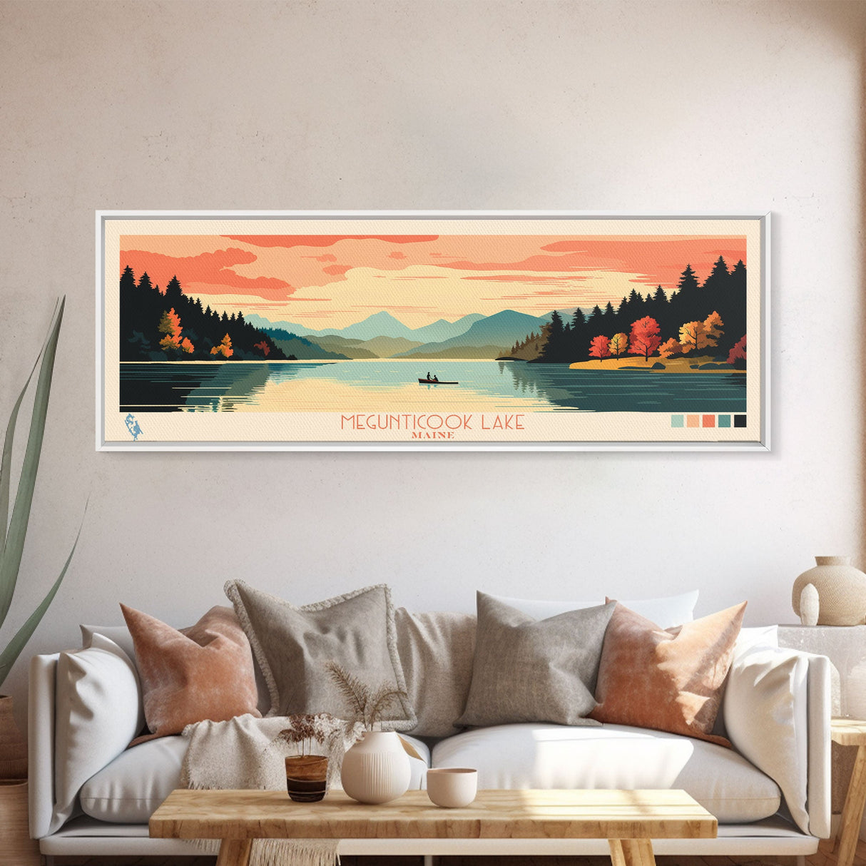 Megunticook Lake, Maine Panoramic Wall Art Framed Canvas Print, Midcentury Modern, Pop Art, Home Decor, Travel Poster, Living Room Art