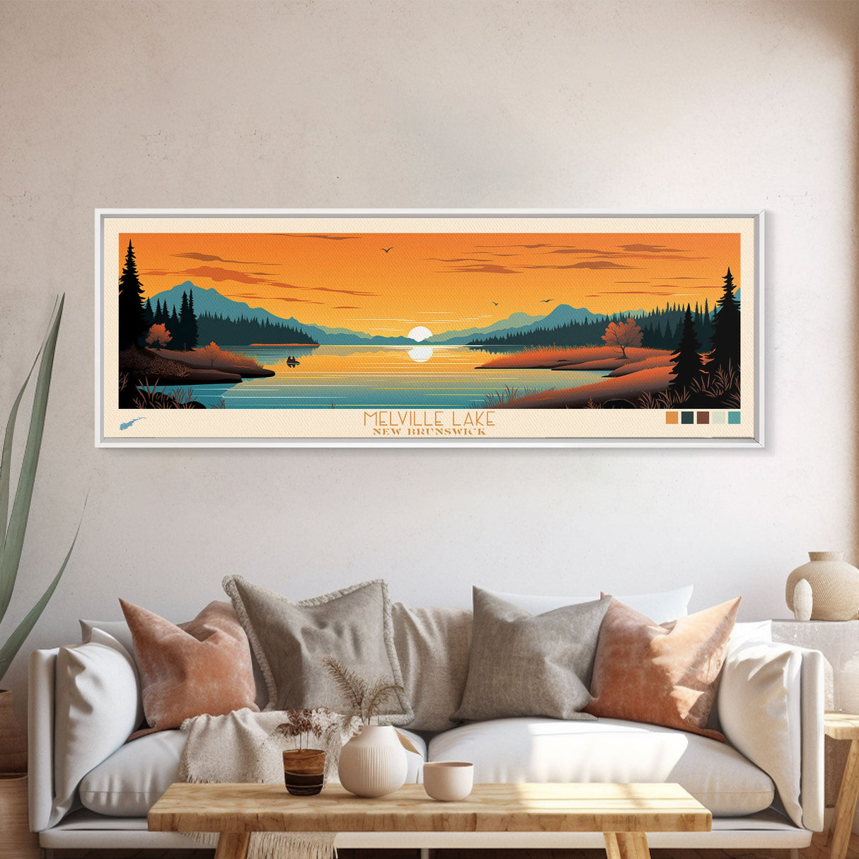 Melville Lake, New Brunswick Panoramic Wall Art Framed Canvas Print, Midcentury Modern, Pop Art, Home Decor, Travel Poster, Bedroom Art