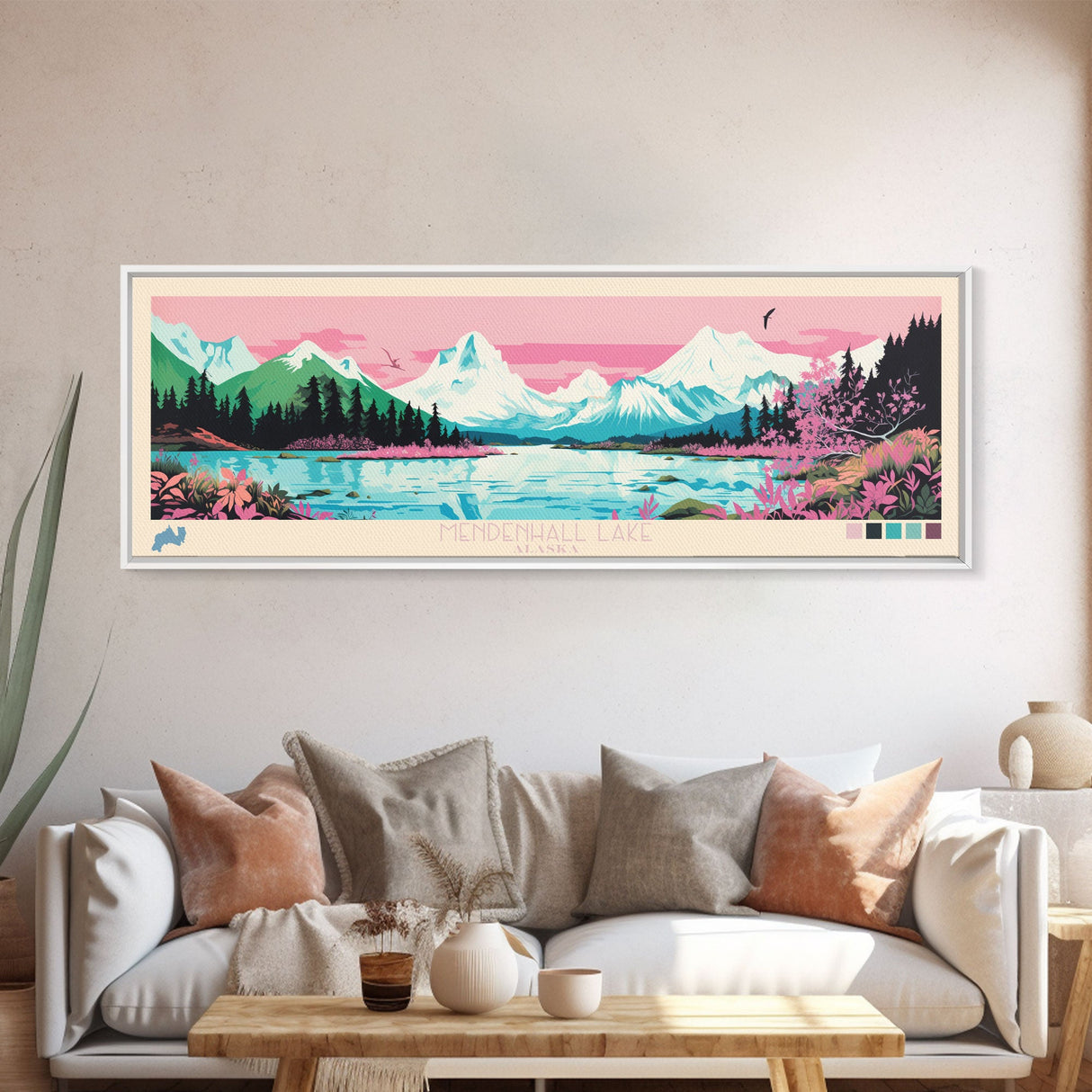 Mendenhall Lake, Alaska Panoramic Wall Art Framed Canvas Print, Midcentury Modern, Pop Art, Home Decor, Travel Poster, Living Room Art