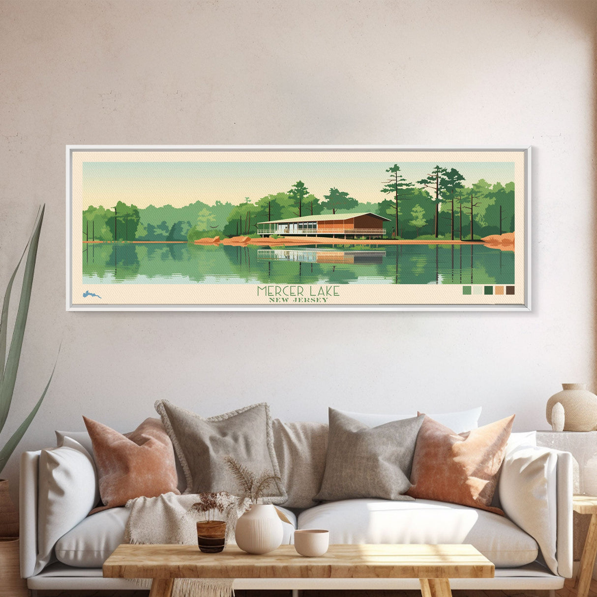 Mercer Lake, New Jersey Panoramic Wall Art Framed Canvas Print, Midcentury Modern, Pop Art, Home Decor, Travel Poster, Bedroom Art