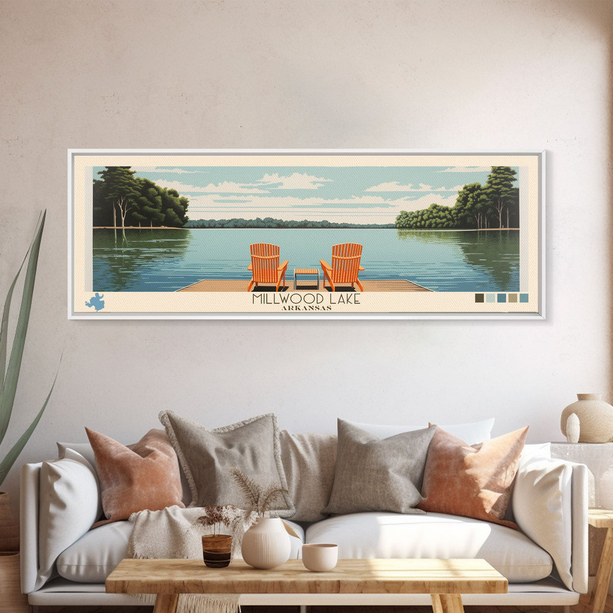 Millwood Lake, Arkansas Framed Canvas Print, Panoramic Wall Art, Midcentury Modern, Pop Art, Home Decor, Travel Poster, Bedroom Art