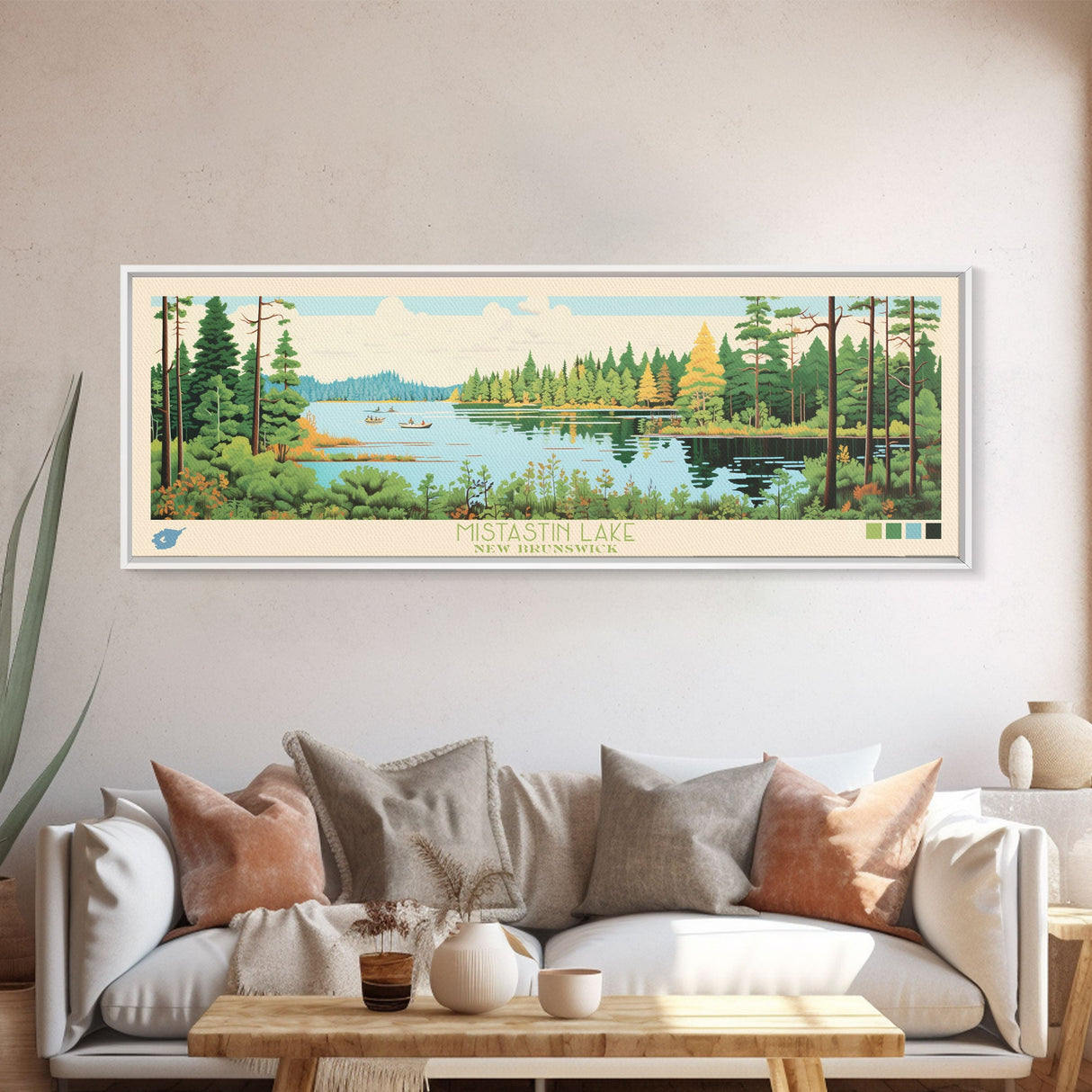 Mistastin Lake, New Brunswick Framed Canvas Print, Panoramic Wall Art, Midcentury Modern, Pop Art, Home Decor, Travel Poster, Living Room Art