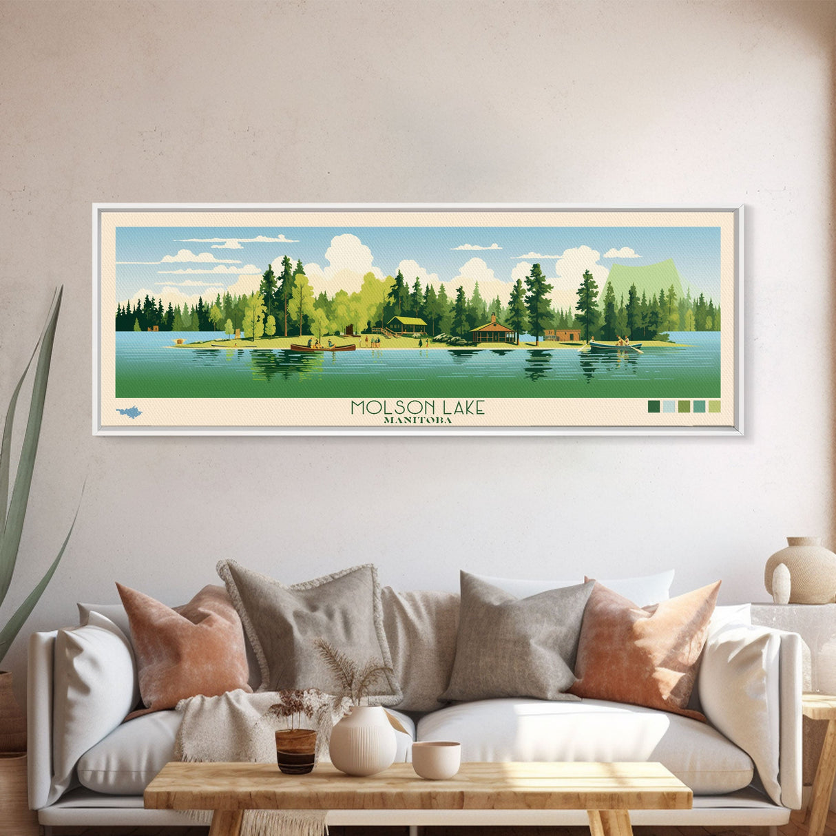 Molson Lake, Manitoba Framed Canvas Print, Panoramic Wall Art, Midcentury Modern, Pop Art, Home Decor, Travel Poster, Bedroom Art