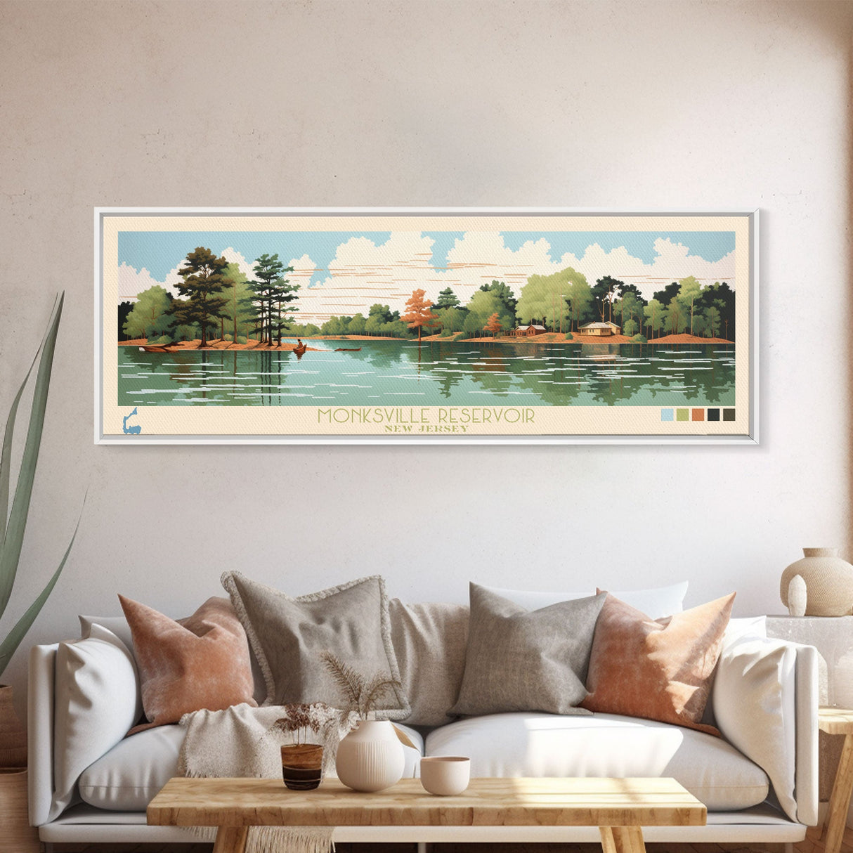 Monksville Reservoir, New Jersey Framed Canvas Print, Panoramic Wall Art, Midcentury Modern, Pop Art, Home Decor, Travel Poster, Living Room Art