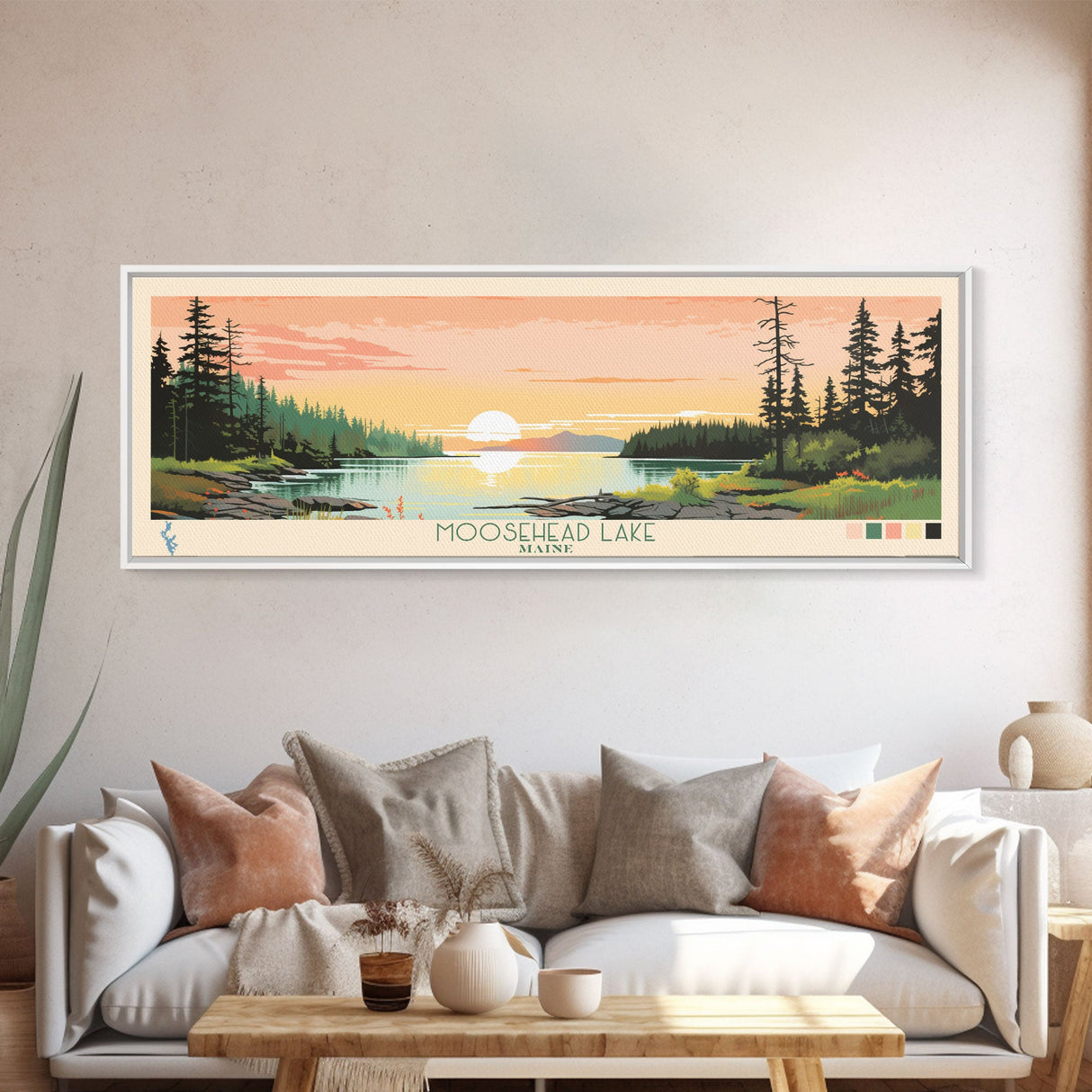 Moosehead Lake, Maine Framed Canvas Print, Panoramic Wall Art, Midcentury Modern, Pop Art, Home Decor, Travel Poster, Bedroom Art