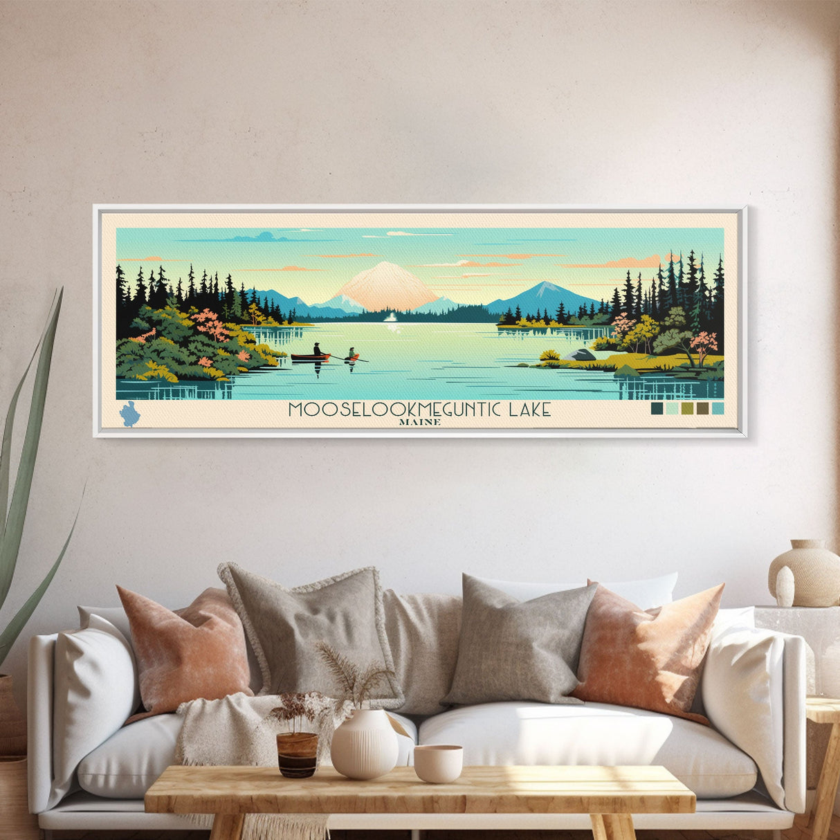 Mooselookmeguntic Lake, Maine Framed Canvas Print, Panoramic Wall Art, Midcentury Modern, Pop Art, Home Decor, Travel Poster, Living Room Art