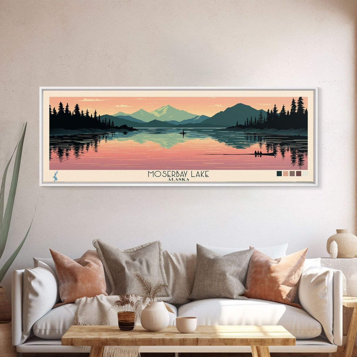 Moser Bay Lake, Alaska Framed Canvas Print, Panoramic Wall Art, Midcentury Modern, Pop Art, Home Decor, Travel Poster, Living Room Art