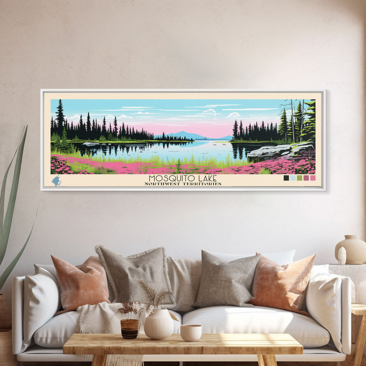 Mosquito Lake, Northwest Territories Framed Canvas Print, Panoramic Wall Art, Midcentury Modern, Pop Art, Home Decor, Travel Poster, Bedroom Art