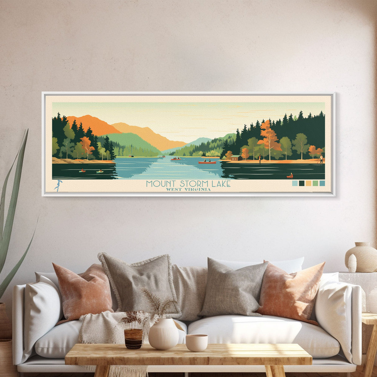 Mount Storm Lake, West Virginia Framed Canvas Print, Panoramic Wall Art, Midcentury Modern, Pop Art, Home Decor, Travel Poster, Living Room Art