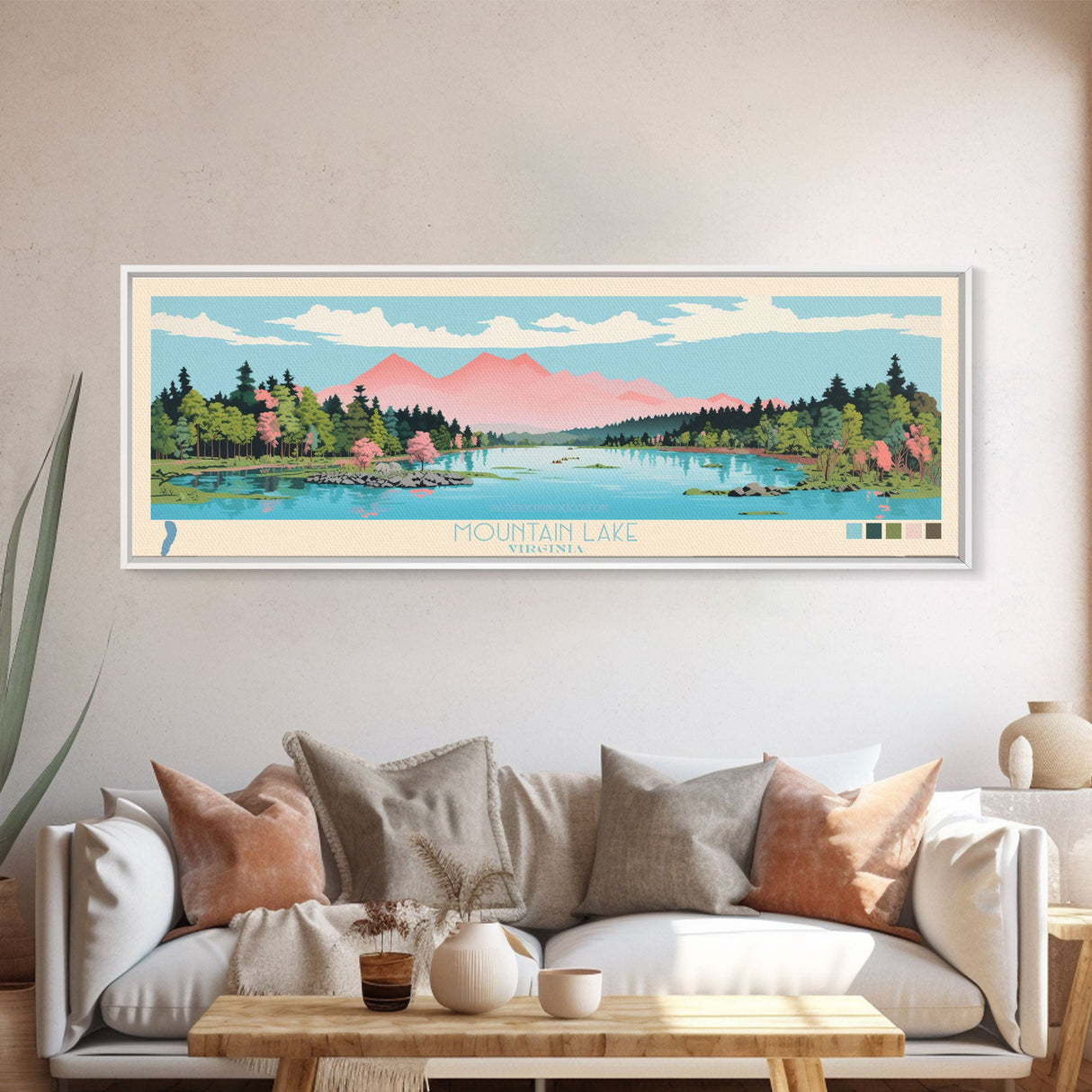 Mountain Lake, Virginia Framed Canvas Print, Panoramic Wall Art, Midcentury Modern, Pop Art, Home Decor, Travel Poster, Bedroom Art