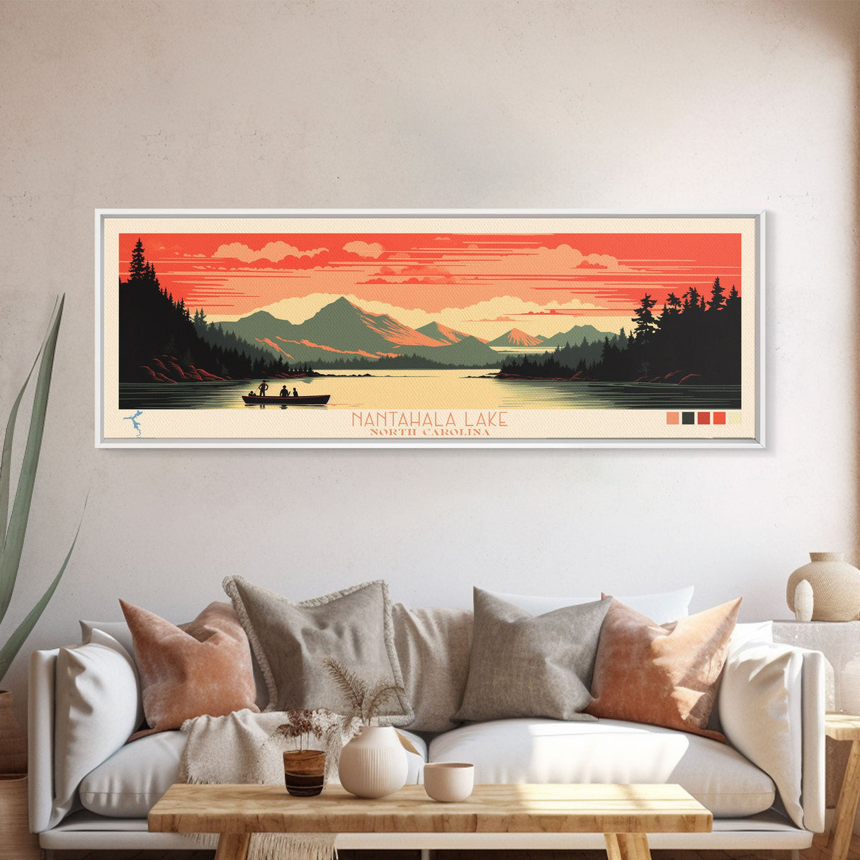 Nantahala Lake, North Carolina Framed Canvas Print, Panoramic Wall Art, Midcentury Modern, Pop Art, Home Decor, Travel Poster, Bedroom Art