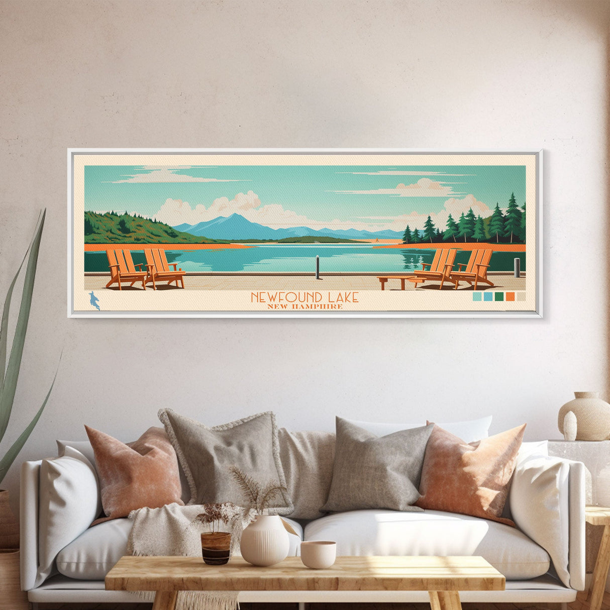 Newfound Lake, New Hampshire Framed Canvas Print, Panoramic Wall Art, Midcentury Modern, Pop Art, Home Decor, Travel Poster, Living Room Art