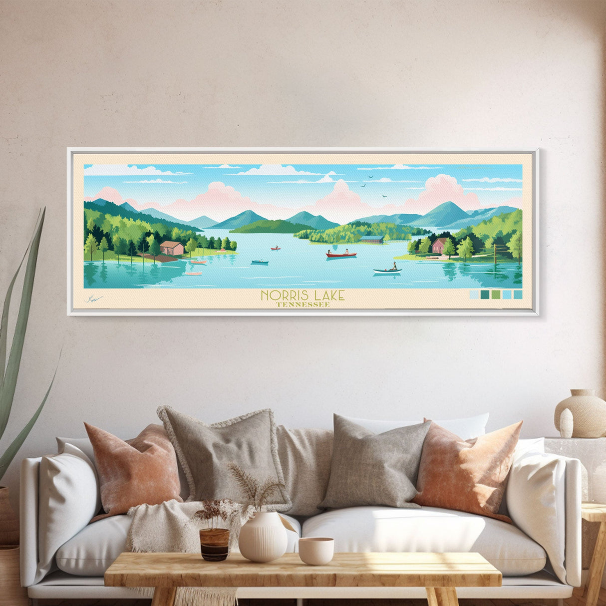 Norris Lake, Tennessee Framed Canvas Print, Panoramic Wall Art, Midcentury Modern, Pop Art, Home Decor, Travel Poster, Living Room Art