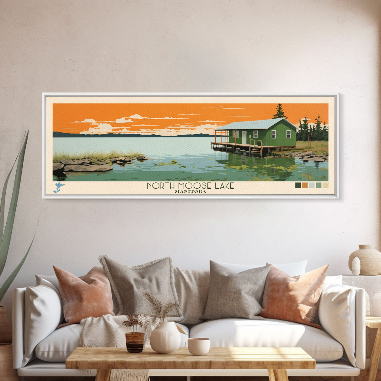 North Moose Lake, Manitoba Framed Canvas Print, Panoramic Wall Art, Midcentury Modern, Pop Art, Home Decor, Travel Poster, Bedroom Art