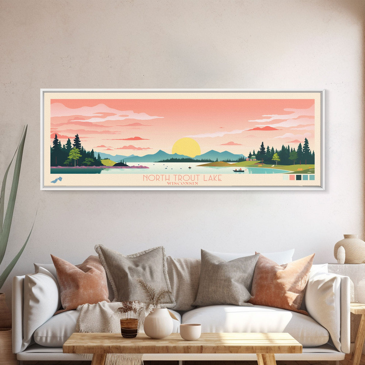 North South Lake, New York Framed Canvas Print, Panoramic Wall Art, Midcentury Modern, Pop Art, Home Decor, Travel Poster, Bedroom Art