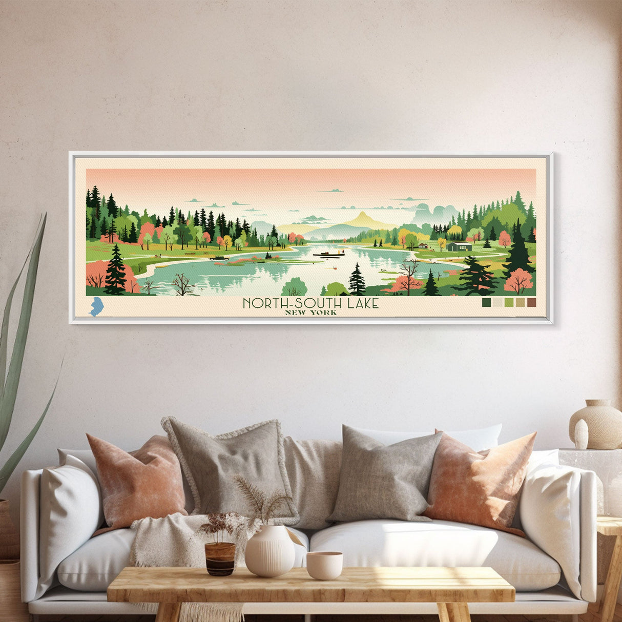 North Trout Lake, Wisconsin Framed Canvas Print, Panoramic Wall Art, Midcentury Modern, Pop Art, Home Decor, Travel Poster, Living Room Art