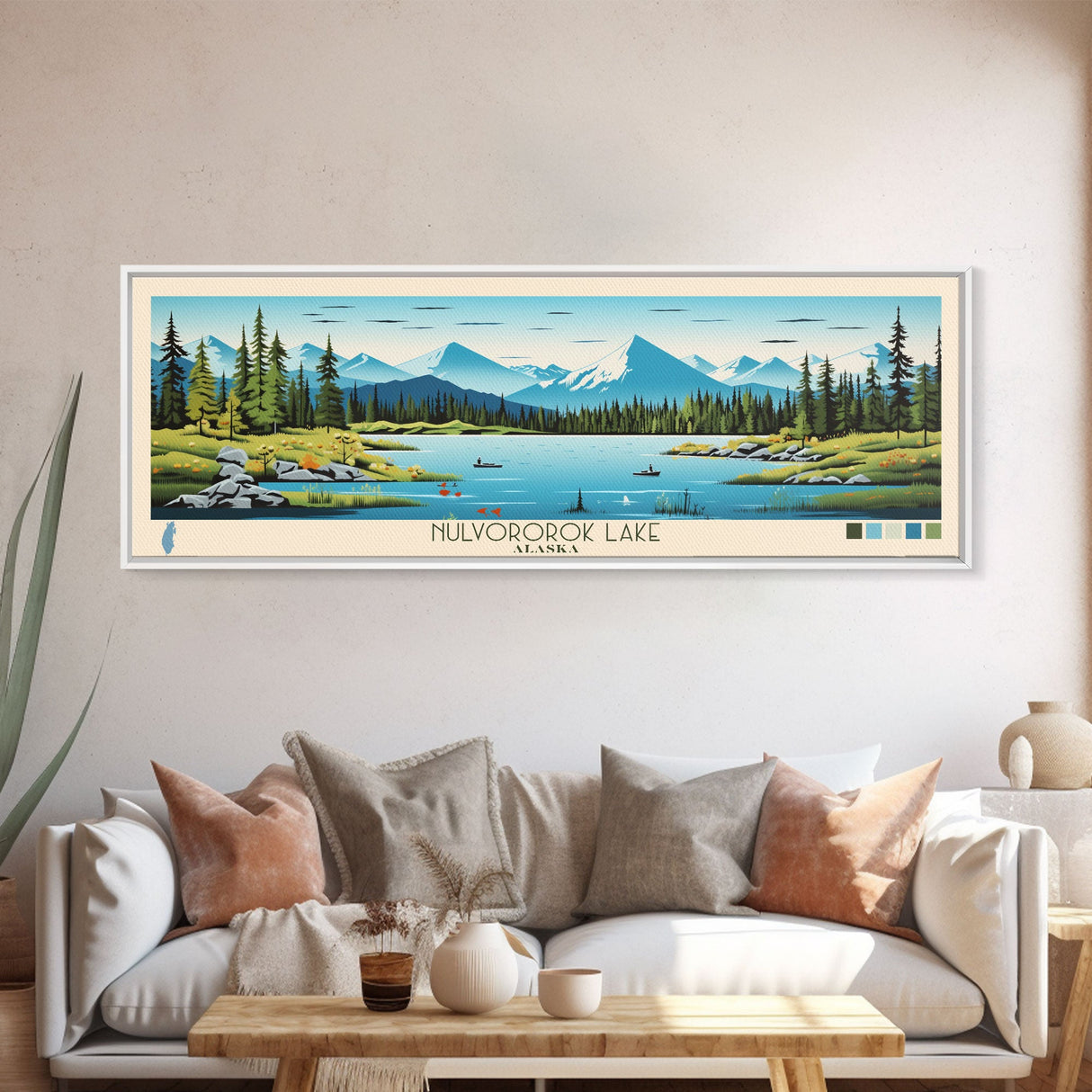 Nulvororok Lake, Alaska Framed Canvas Print, Panoramic Wall Art, Midcentury Modern, Pop Art, Home Decor, Travel Poster, Living Room Art