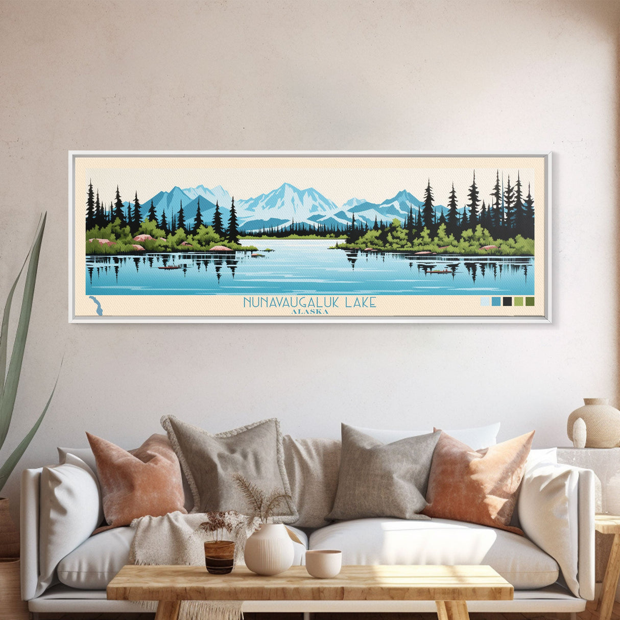 Nunavaugaluk Lake, Alaska Framed Canvas Print, Panoramic Wall Art, Midcentury Modern, Pop Art, Home Decor, Travel Poster, Living Room Art