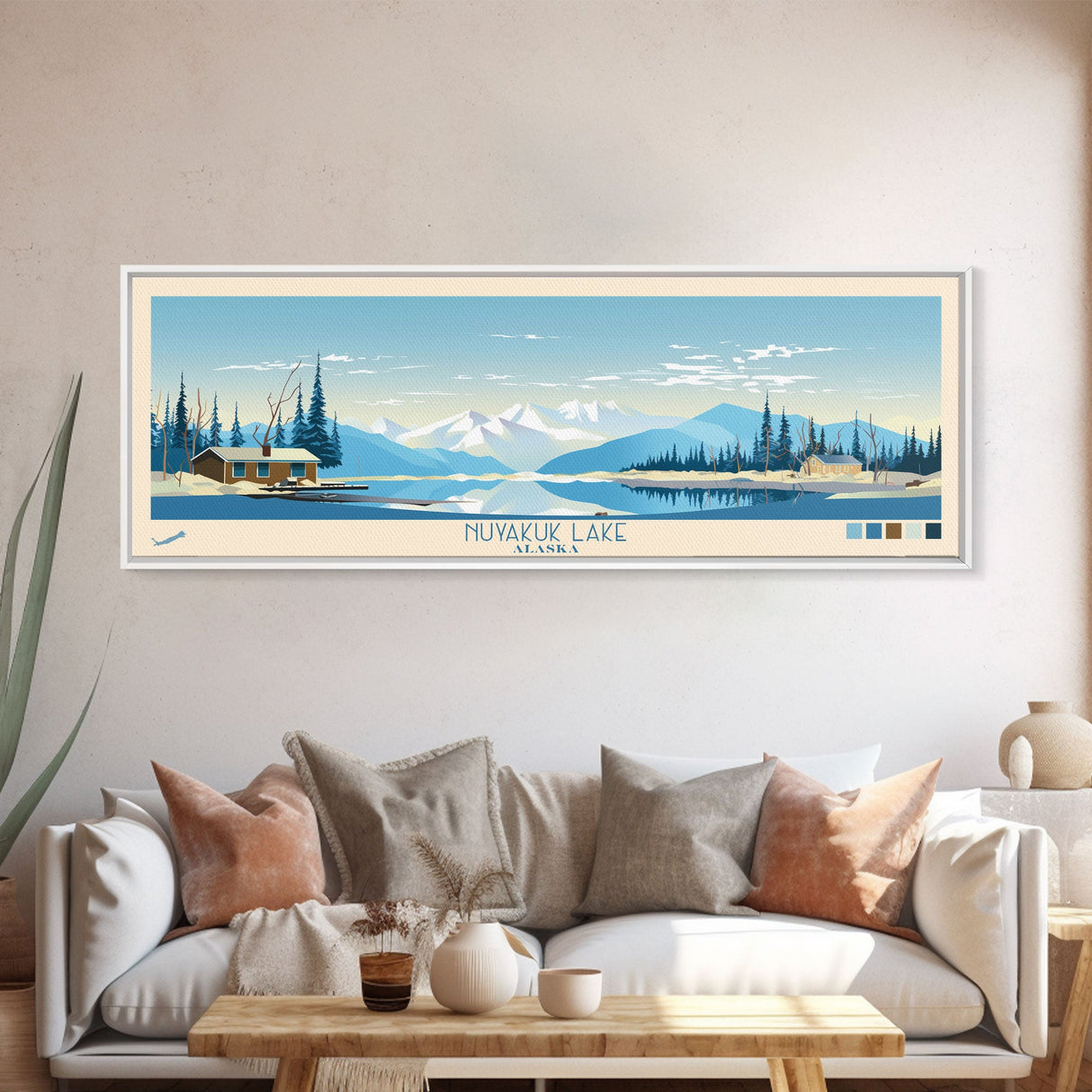 Nuyakuk Lake, Alaska Framed Canvas Print, Panoramic Wall Art, Midcentury Modern, Pop Art, Home Decor, Travel Poster, Bedroom Art