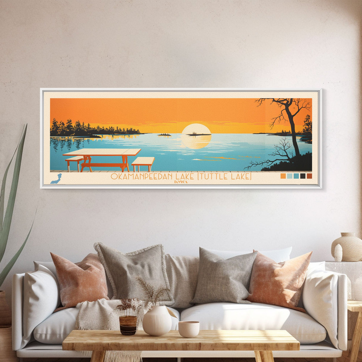 Okamanpeedan Lake (Tuttle Lake), Iowa Framed Canvas Print, Panoramic Wall Art, Midcentury Modern, Pop Art, Home Decor, Travel Poster, Bedroom Art