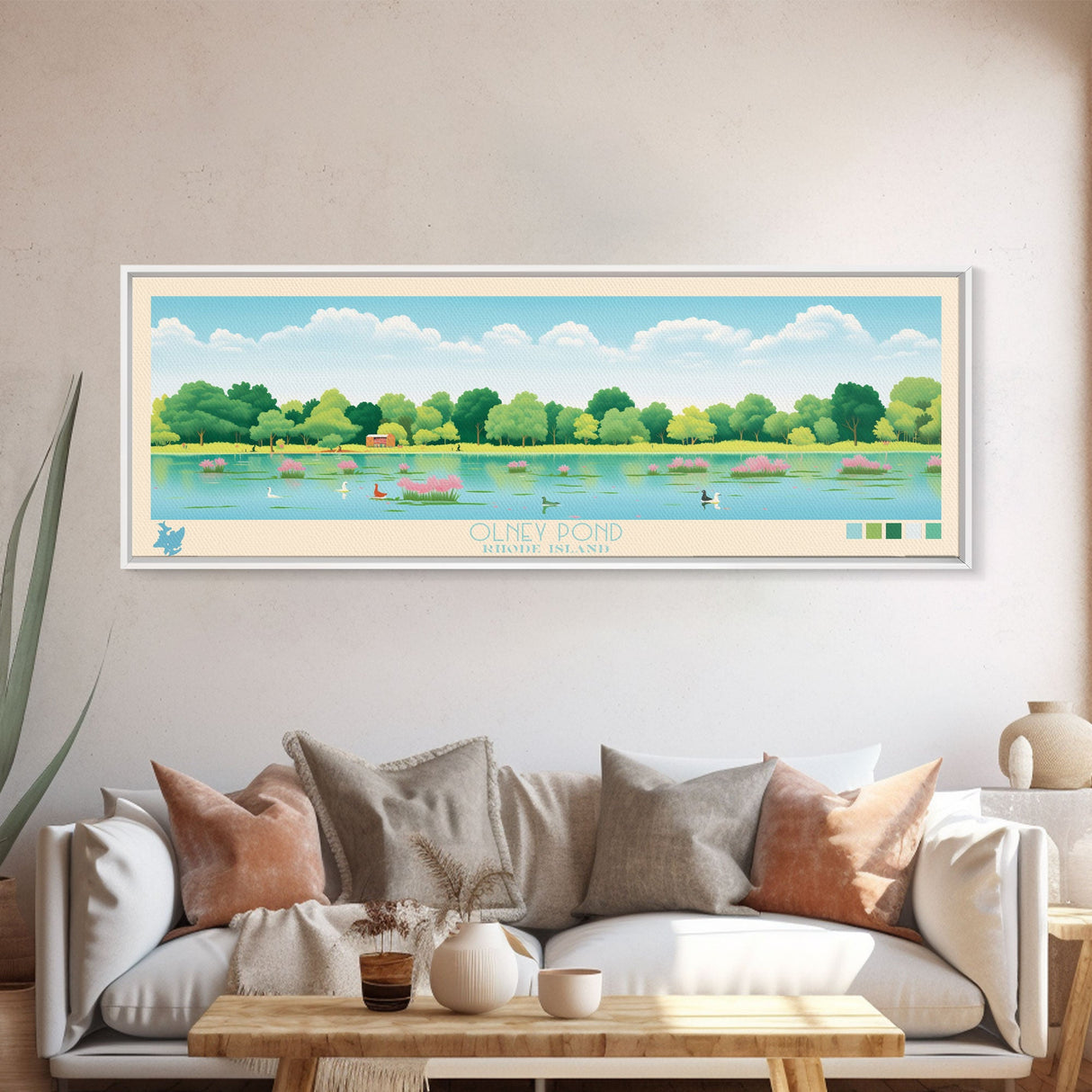 Olney Pond, Rhode Island Framed Canvas Print, Panoramic Wall Art, Midcentury Modern, Pop Art, Home Decor, Travel Poster, Living Room Art