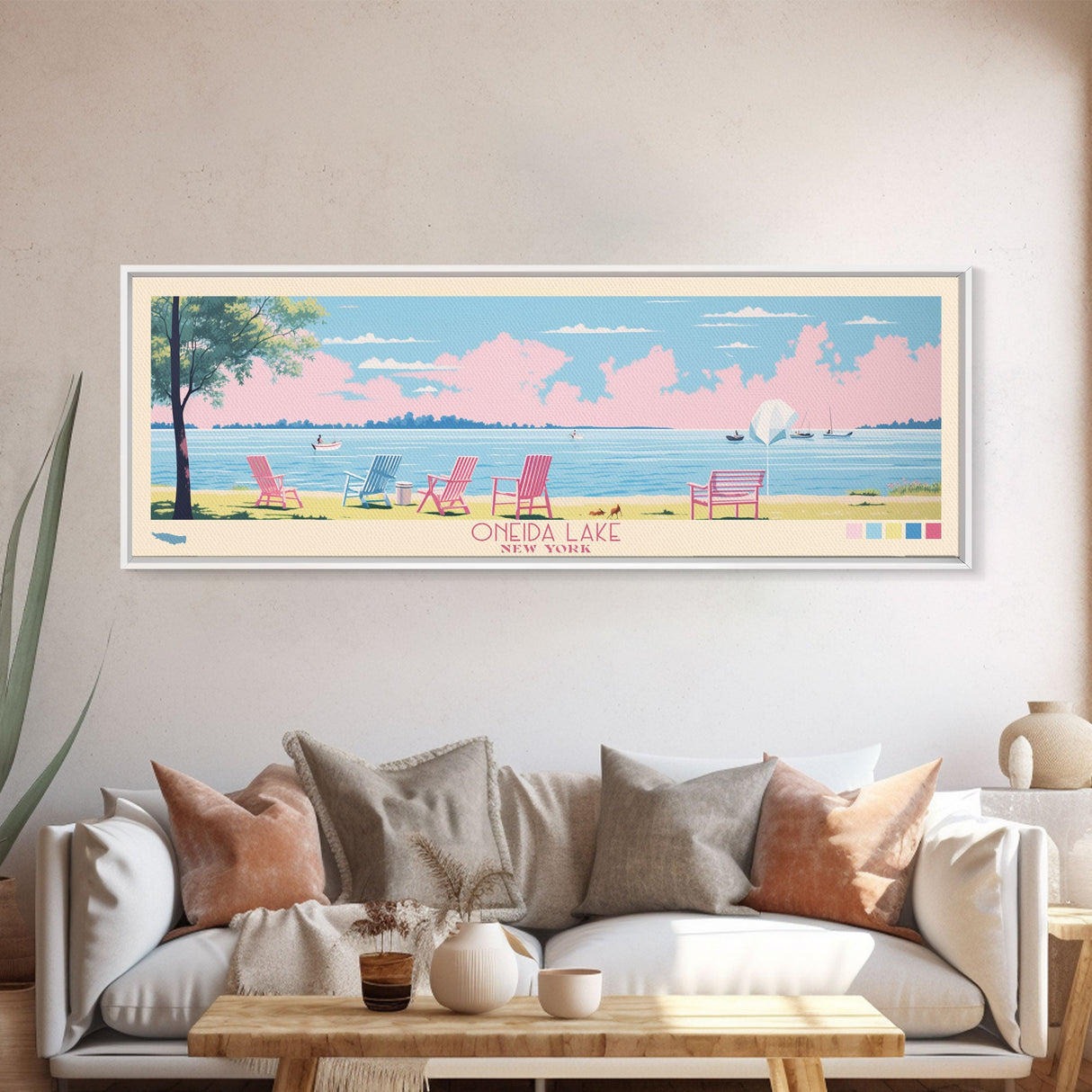 Oneida Lake, New York Framed Canvas Print, Panoramic Wall Art, Midcentury Modern, Pop Art, Home Decor, Travel Poster, Bedroom Art