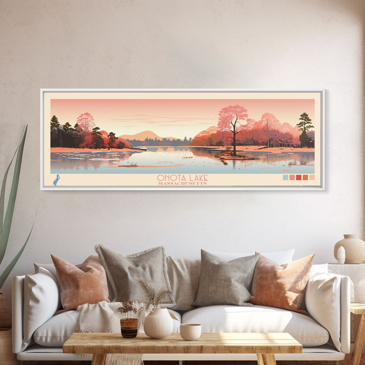 Onota Lake, Massachusetts Framed Canvas Print, Panoramic Wall Art, Midcentury Modern, Pop Art, Home Decor, Travel Poster, Living Room Art