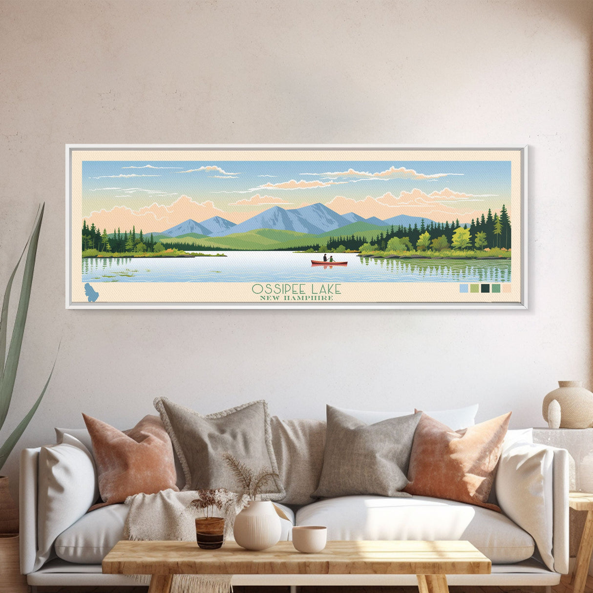 Ossipee Lake, New Hampshire Framed Canvas Print, Panoramic Wall Art, Midcentury Modern, Pop Art, Home Decor, Travel Poster, Bedroom Art