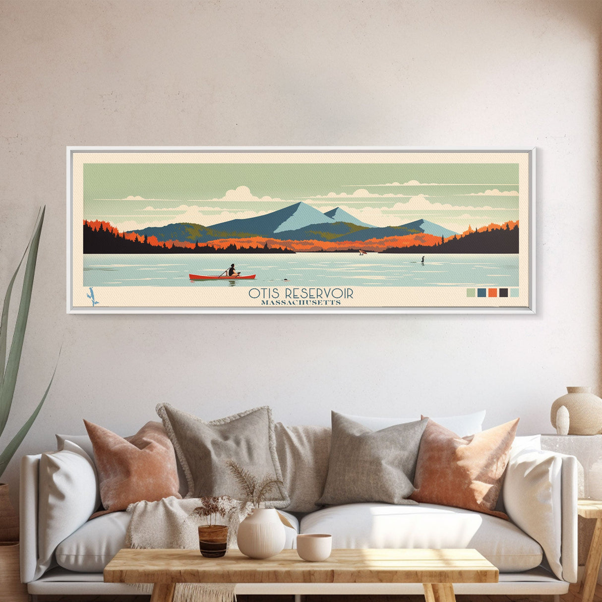 Otis Reservoir, Massachusetts Framed Canvas Print, Panoramic Wall Art, Midcentury Modern, Pop Art, Home Decor, Travel Poster, Living Room Art