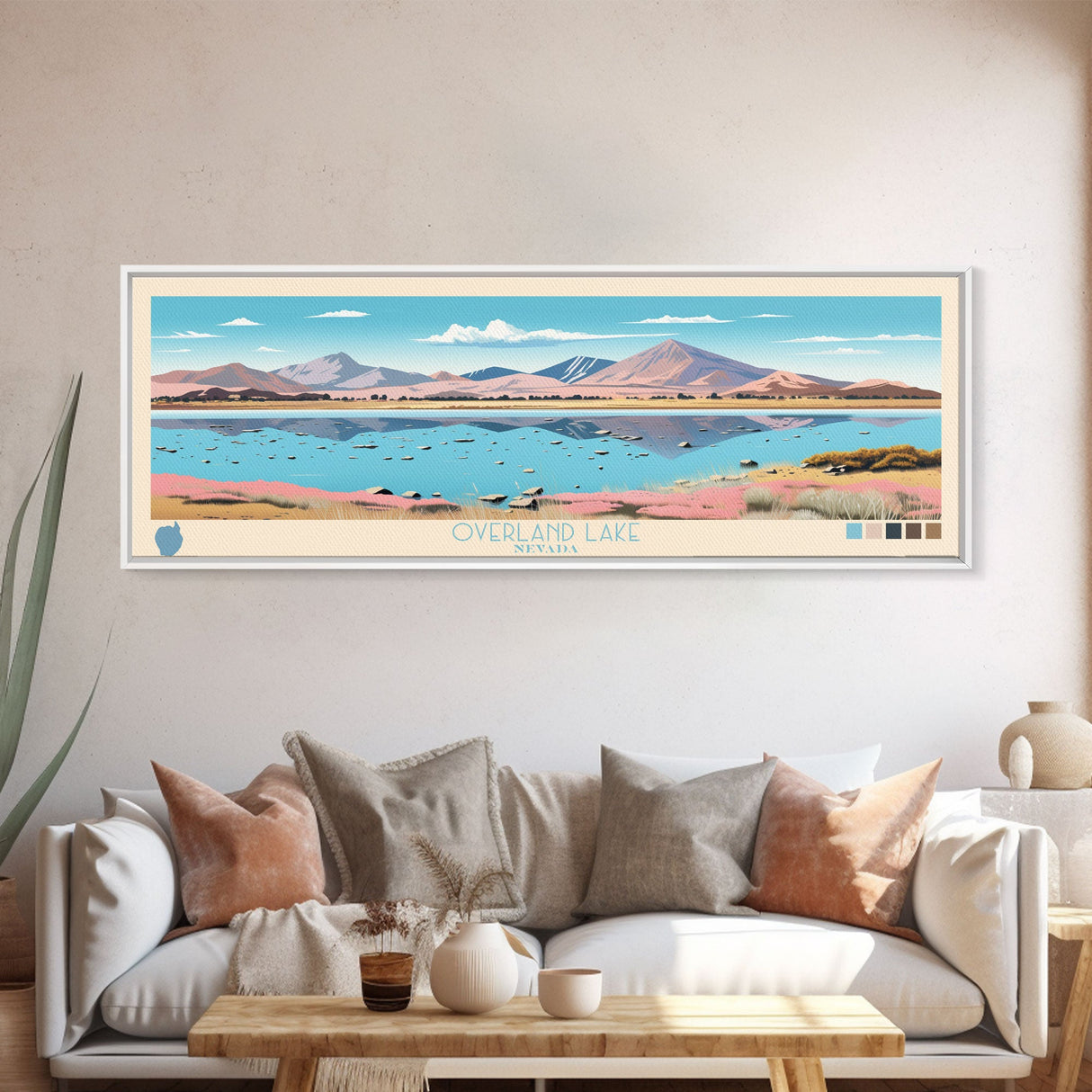 Overland Lake, Nevada Framed Canvas Print, Panoramic Wall Art, Midcentury Modern, Pop Art, Home Decor, Travel Poster, Bedroom Art