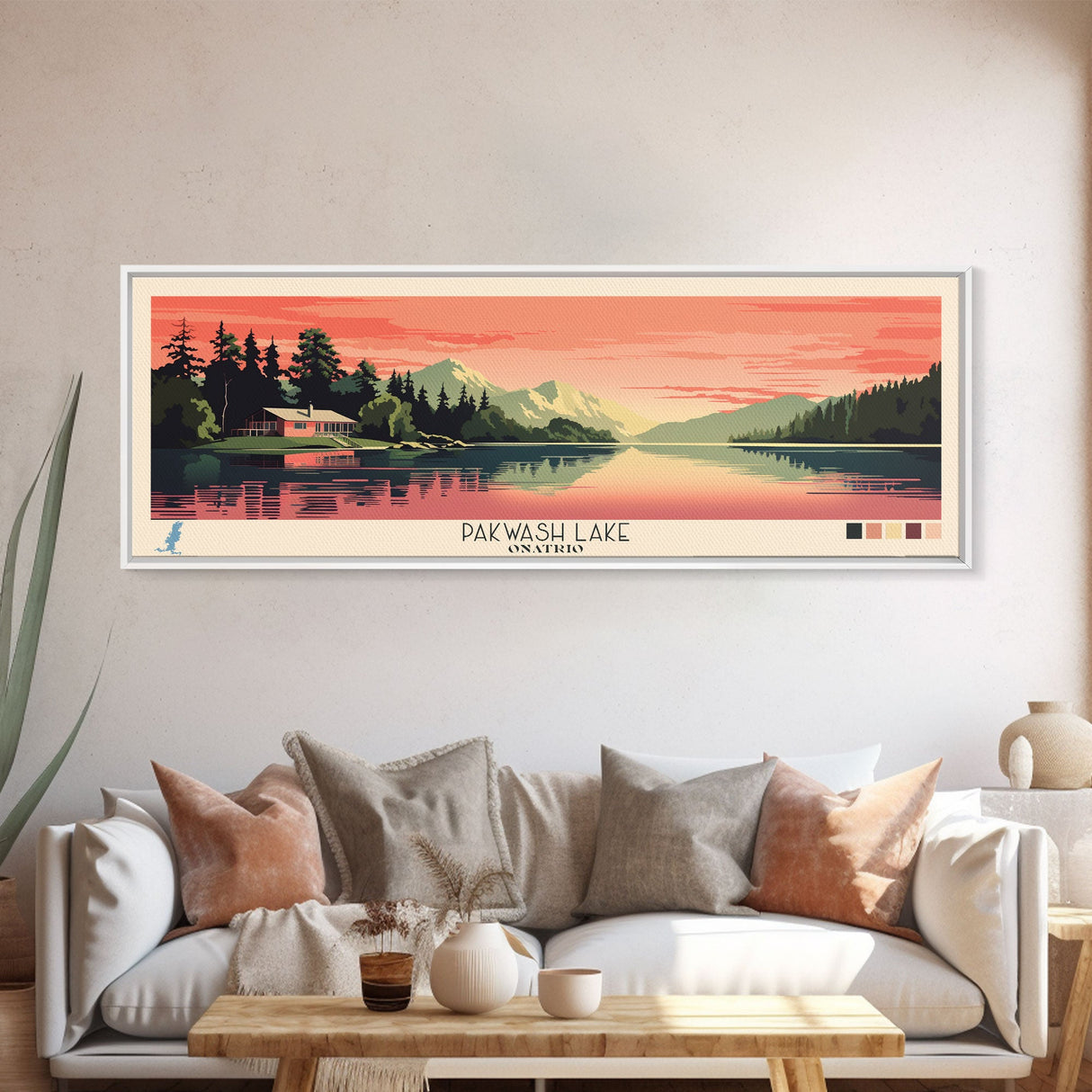 Pakwash Lake, Ontario Framed Canvas Print, Panoramic Wall Art, Midcentury Modern, Pop Art, Home Decor, Travel Poster, Bedroom Art