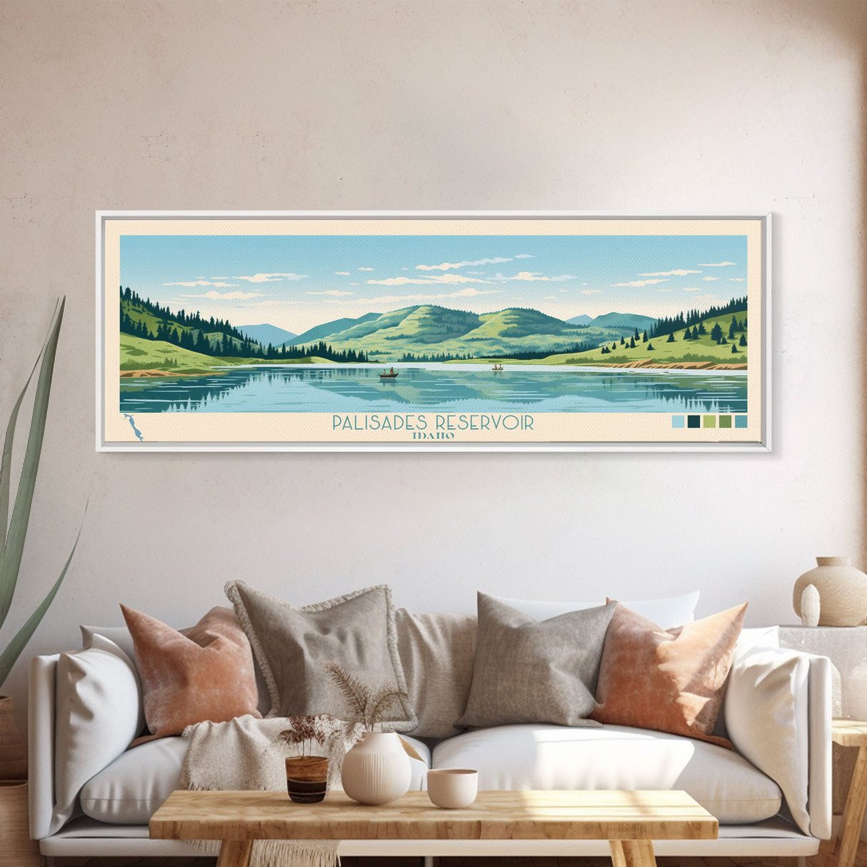 Palisades Reservoir, Idaho Framed Canvas Print, Panoramic Wall Art, Midcentury Modern, Pop Art, Home Decor, Travel Poster, Living Room Art