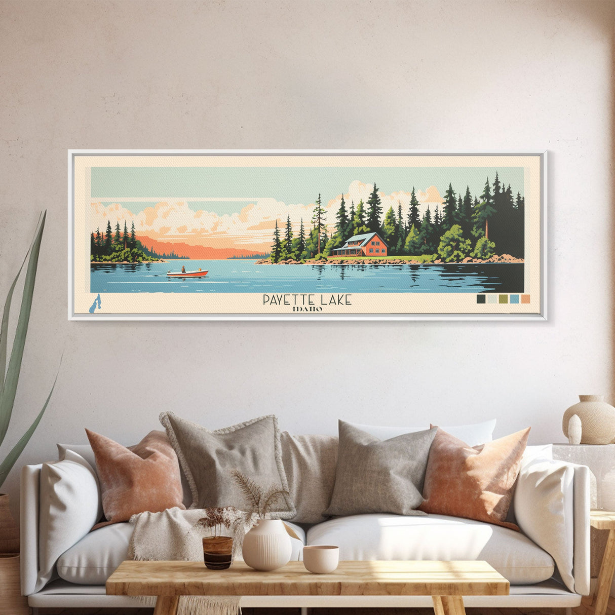 Payette Lake, Idaho Framed Canvas Print, Panoramic Wall Art, Midcentury Modern, Pop Art, Home Decor, Travel Poster, Living Room Art