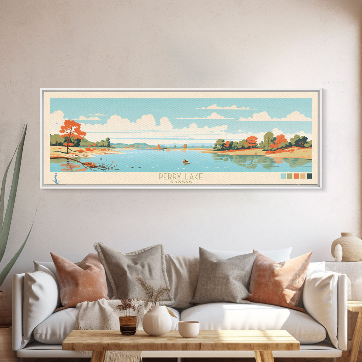 Perry Lake, Kansas Framed Canvas Print, Panoramic Wall Art, Midcentury Modern, Pop Art, Home Decor, Travel Poster, Living Room Art