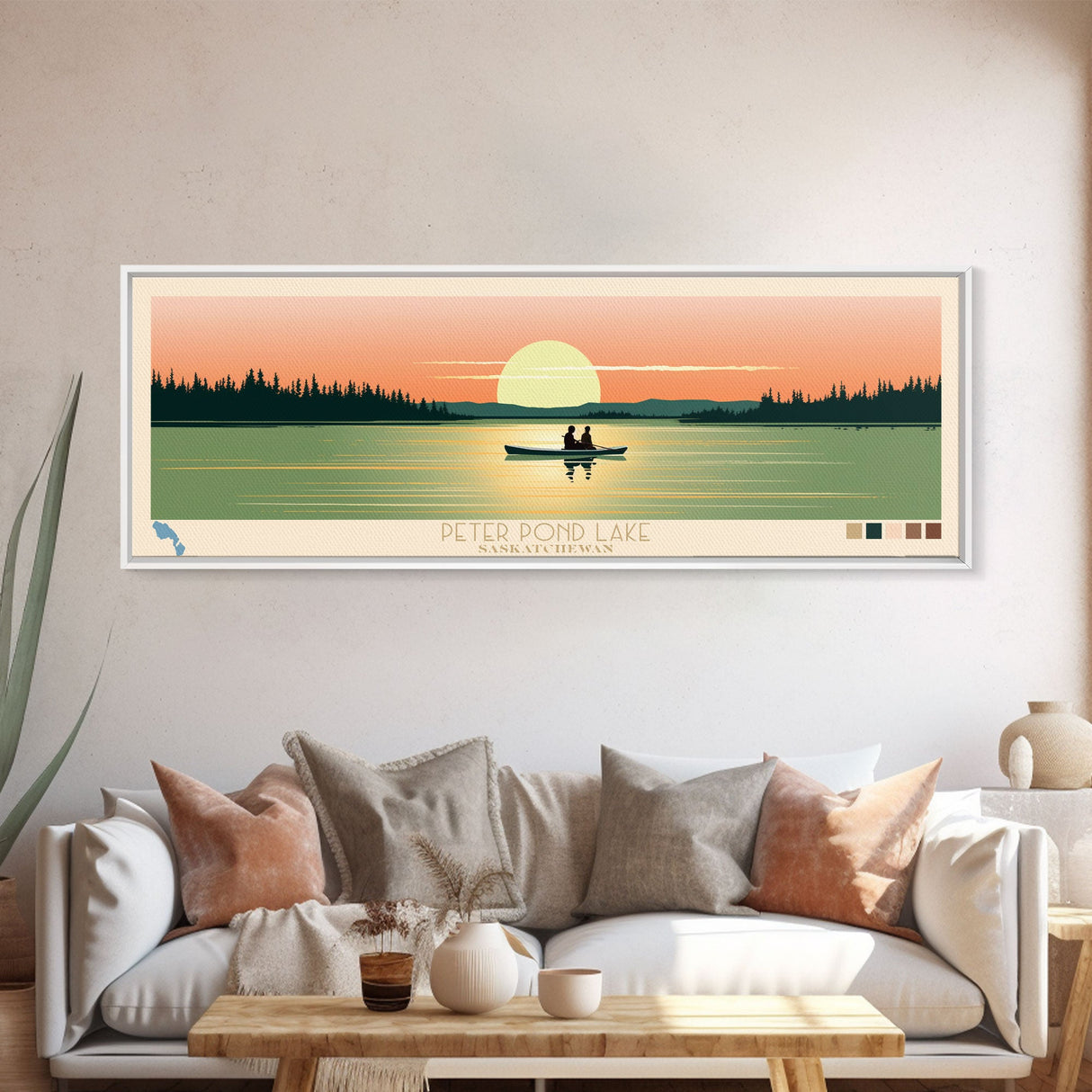 Peter Pond Lake, Saskatchewan Framed Canvas Print, Panoramic Wall Art, Midcentury Modern, Pop Art, Home Decor, Travel Poster, Living Room Art