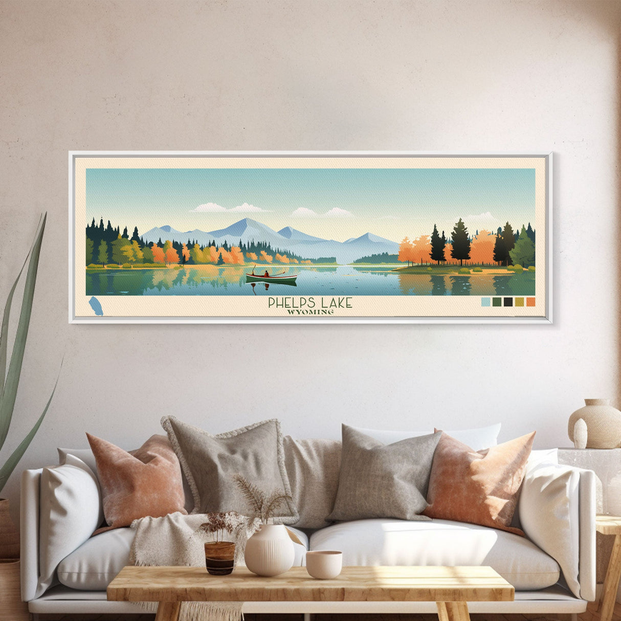 Phelps Lake, Wyoming Framed Canvas Print, Panoramic Wall Art, Midcentury Modern, Pop Art, Home Decor, Travel Poster, Bedroom Art