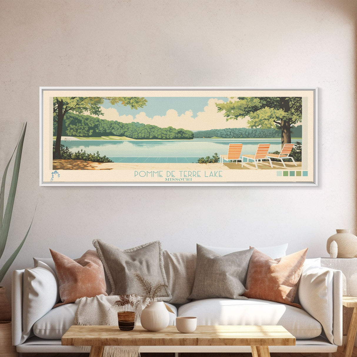 Pomme de Terre Lake, Missouri Framed Canvas Print, Living Room Art, Midcentury Modern, Pop Art, Panoramic Travel Poster, Wall Decor