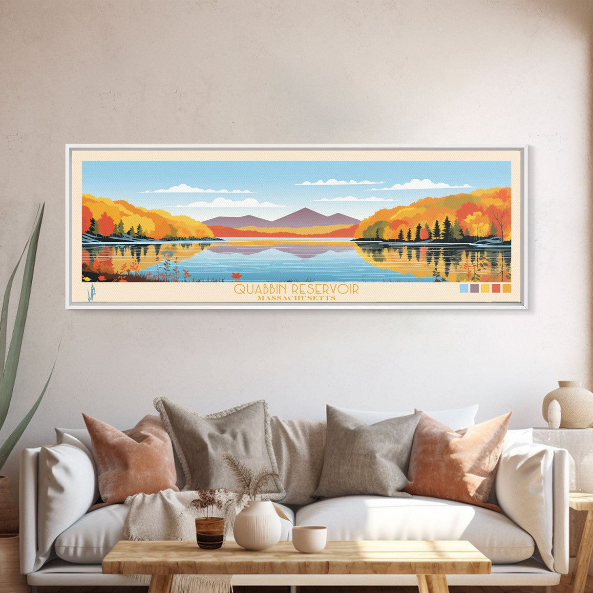 Quabbin Reservoir, Massachusetts Framed Canvas Print, Bedroom Art, Midcentury Modern, Panoramic Travel Poster, Pop Art, Wall Decor