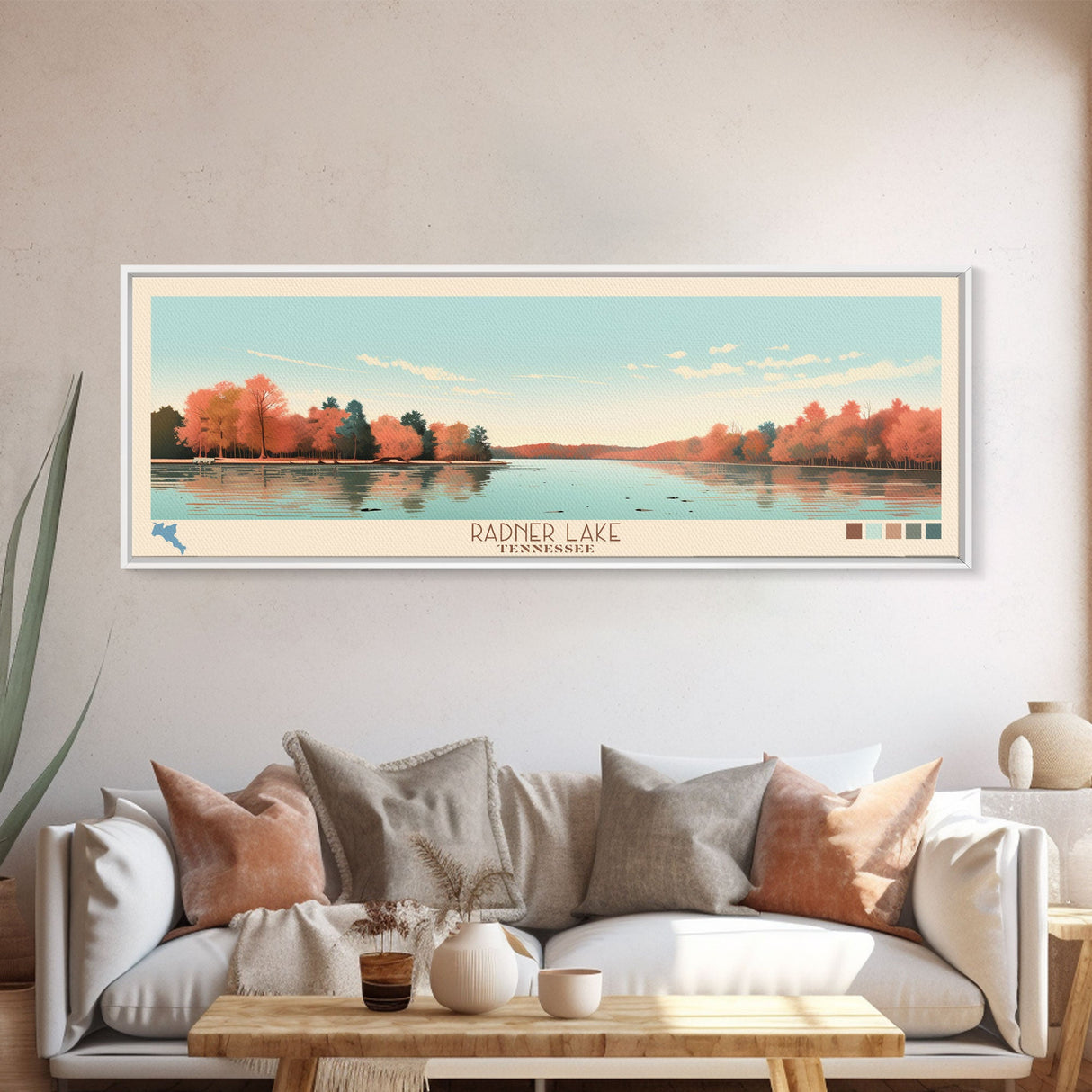 Radner Lake, Tennessee Framed Canvas Print, Living Room Art, Midcentury Modern, Panoramic Travel Poster, Pop Art, Wall Art