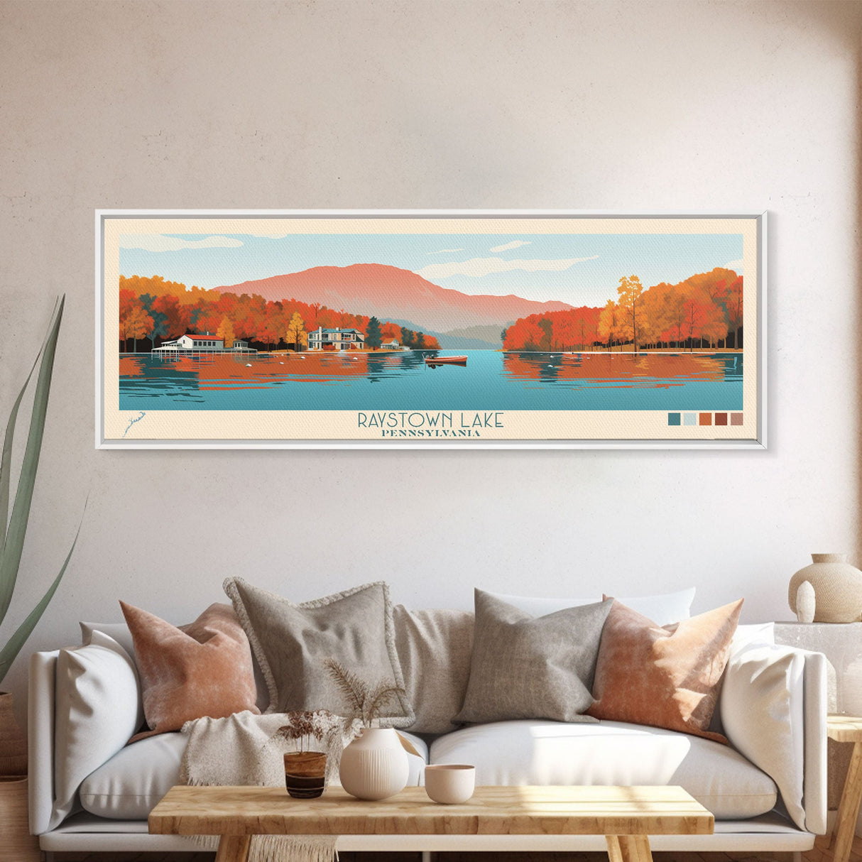 Raystown Lake, Pennsylvania Framed Canvas Print, Living Room Art, Midcentury Modern, Panoramic Travel Poster, Wall Art, Pop Art