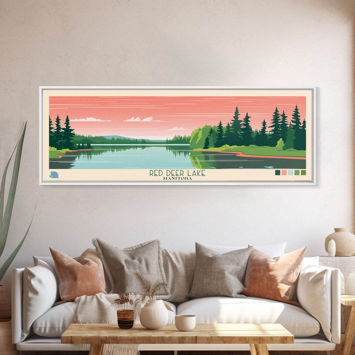 Red Deer Lake, Manitoba Framed Canvas Print, Panoramic Travel Poster, Midcentury Modern Art, Wall Decor, Pop Art, Home Decoration