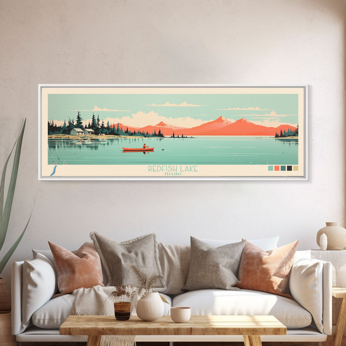 Redfish Lake, Idaho Framed Canvas Print, Panoramic Wall Art, Midcentury Modern Decor, Living Room Art, Pop Art, Travel Poster