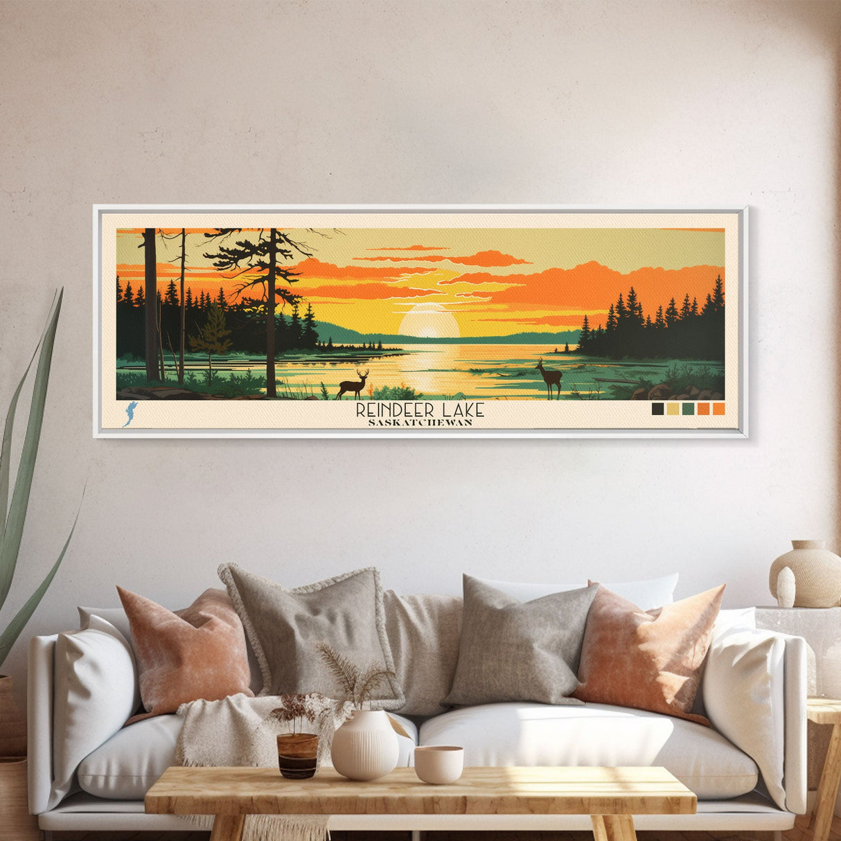 Reindeer Lake, Saskatchewan Framed Canvas Print, Panoramic Travel Poster, Midcentury Modern Art, Bedroom Decor, Pop Art, Wall Decoration