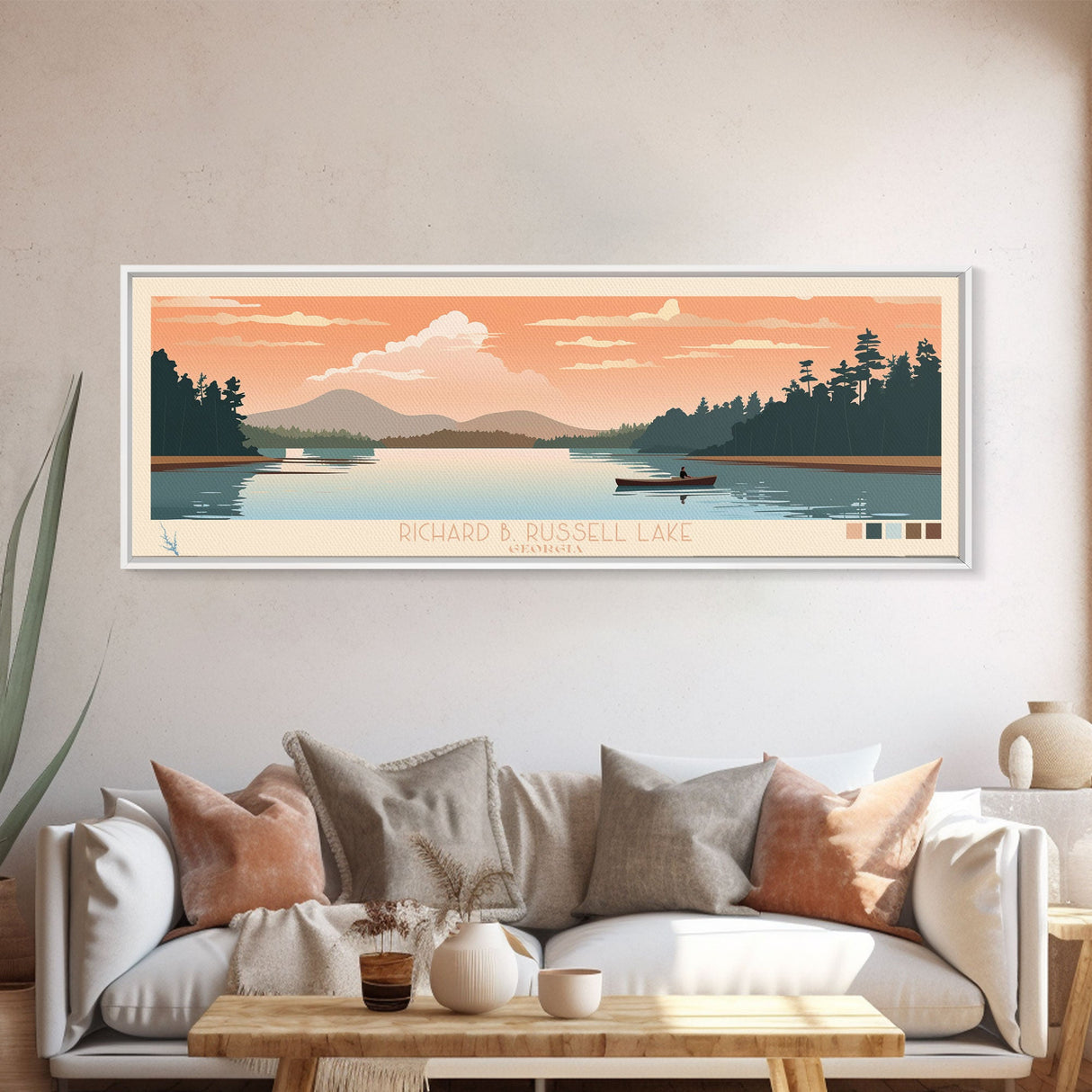 Richard B. Russell Lake, Georgia Framed Canvas Print, Panoramic Travel Poster, Midcentury Modern Art, Living Room Decor, Pop Art, Wall Art