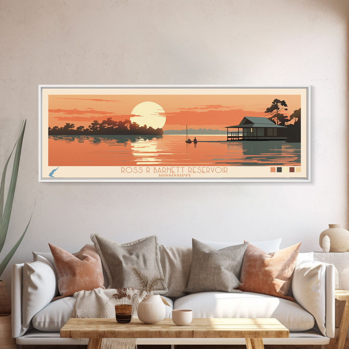 Ross R. Barnett Reservoir, Mississippi Framed Canvas Print, Panoramic Travel Poster, Midcentury Modern Art, Home Decoration, Pop Art, Wall Art